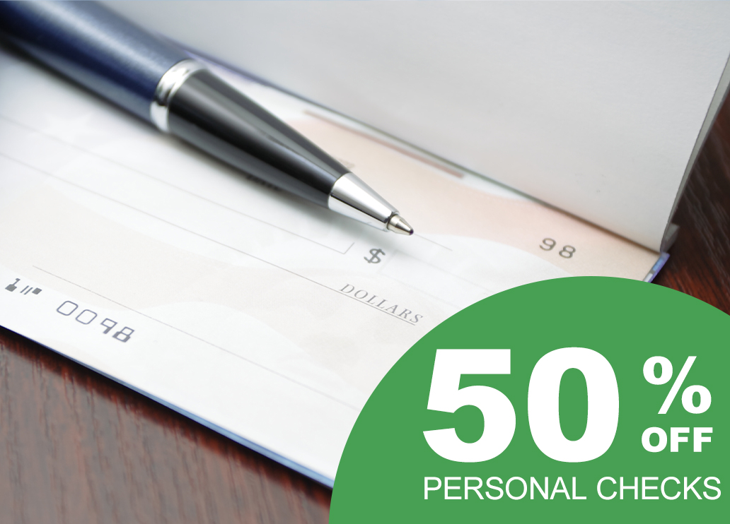 Pen on open checkbook with 50% Off personal checks banner