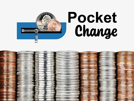 Pocket Change logo over stacks of coins