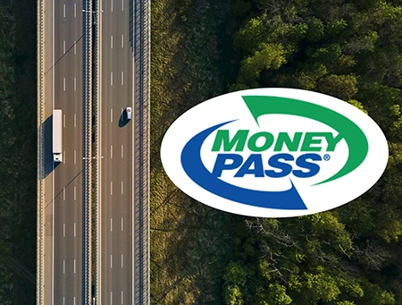 Image of a highway from above and the money pass logo