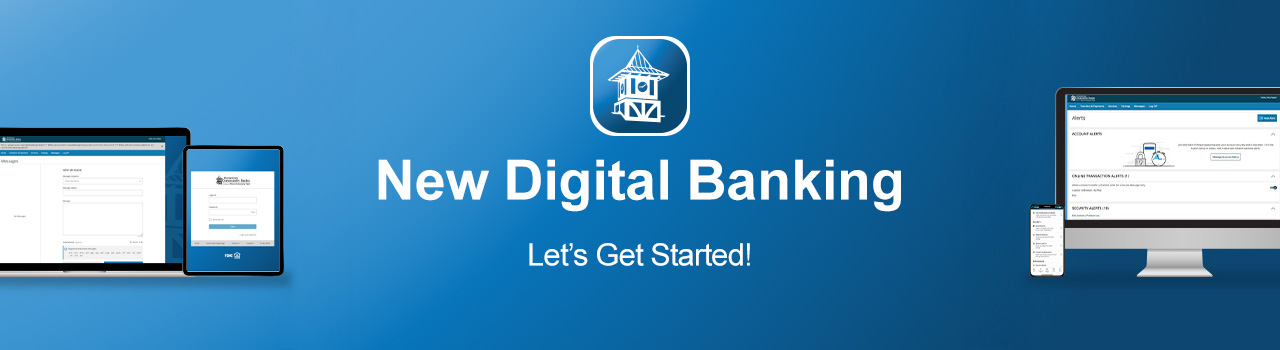 Digital Banking Lets get started blue background with smart devices showing new digital banking