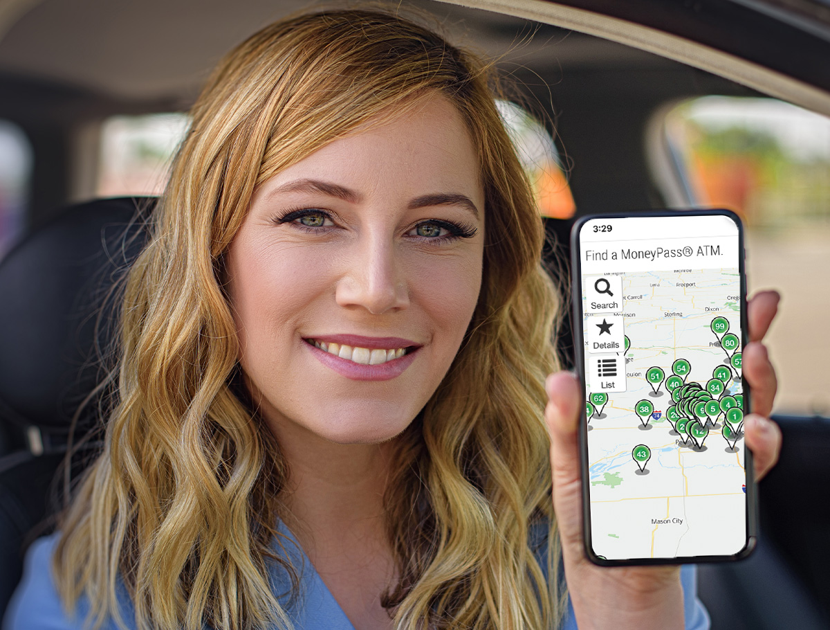 Close up of person locating FREE ATMs on their smartphone at MoneyPass.com