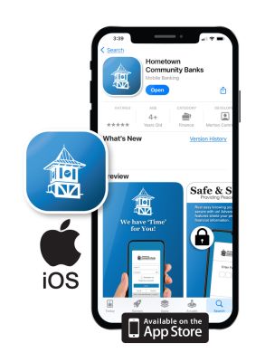 iPhone with Hometown Banks app icon and Apple logo