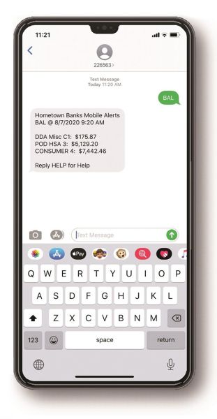 Text banking on smartphone with Hometown Community Bank