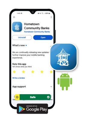 Android Phone with Hometown Banks app icon and Android logo